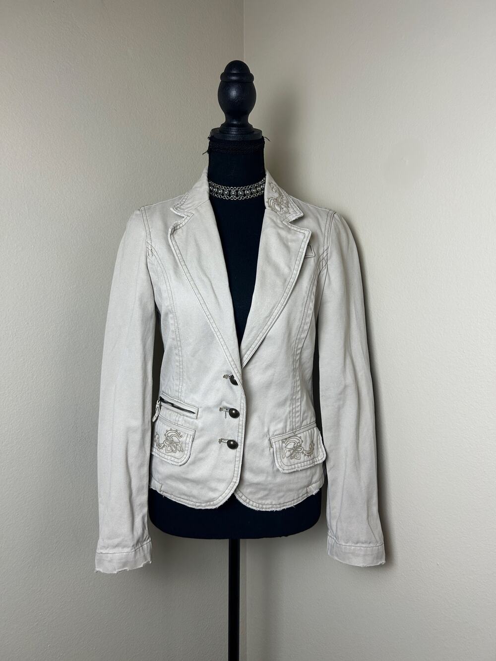 Y2K Aeropostale Beige Blazer Brass Button Embroidered Waist Jacket Size S
